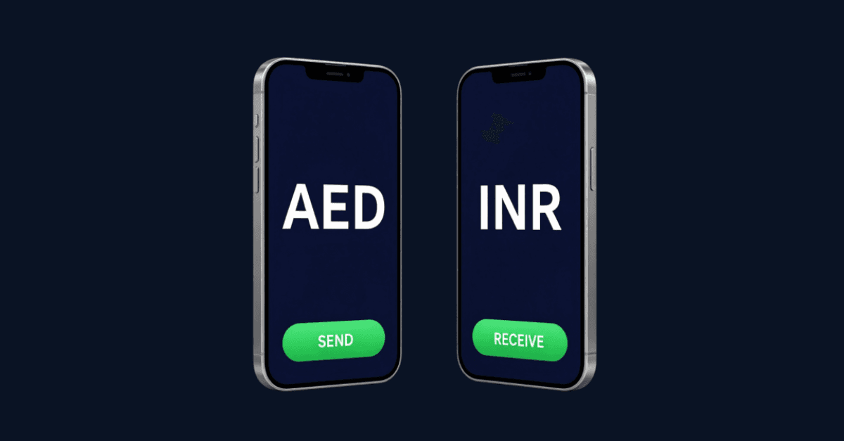 Illustration of ARP Digital's FLOW corridor — left phone shows AED with Send button, right shows INR with Receive button