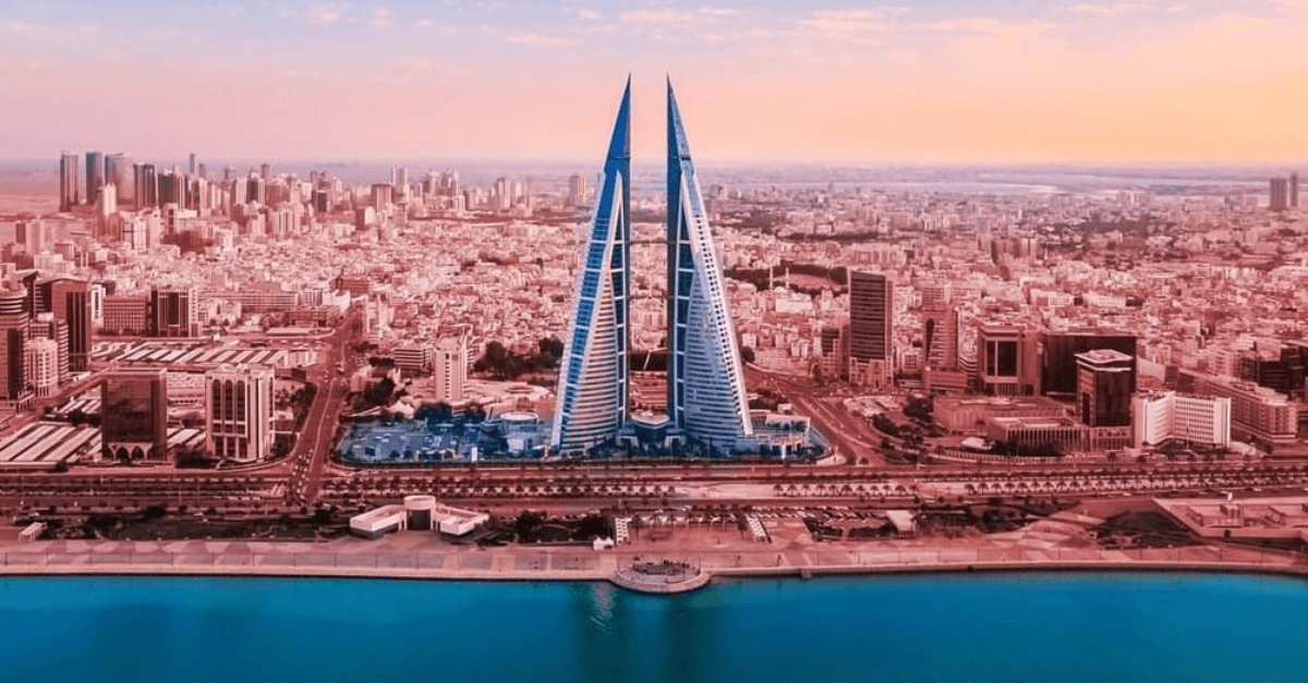 Aerial view of Manama, Bahrain and the World Trade Center - home to CBB-licensed institutional OTC desks serving the GCC