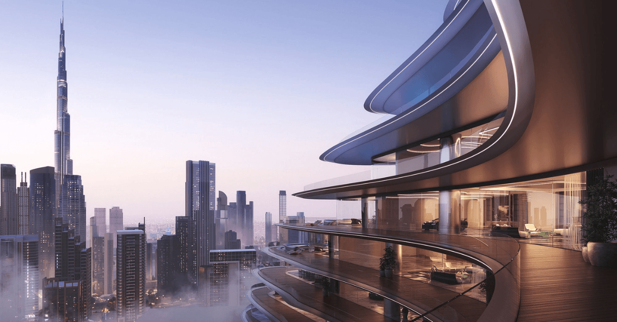 Luxury Dubai high-rise apartment terrace overlooking the Burj Khalifa skyline — Dubai real estate now accessible to international cryptocurrency buyers